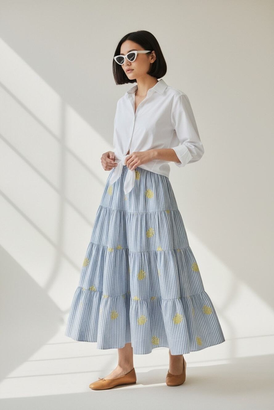 Coastal Chic J.Crew Blue Pinstripe Embroidered Pineapple Midi Skirt Size XS